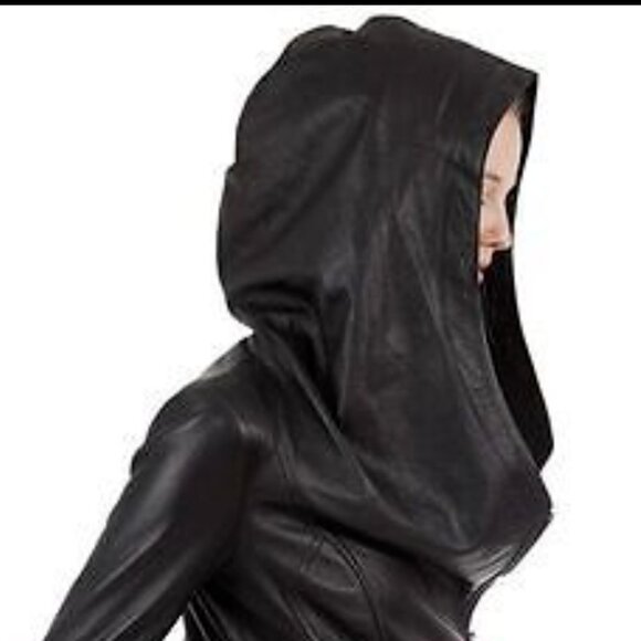 HELMUT LANG Black Lamb Leather Hooded Biker Jacket - size L - NWOT - Picture 1 of 16
